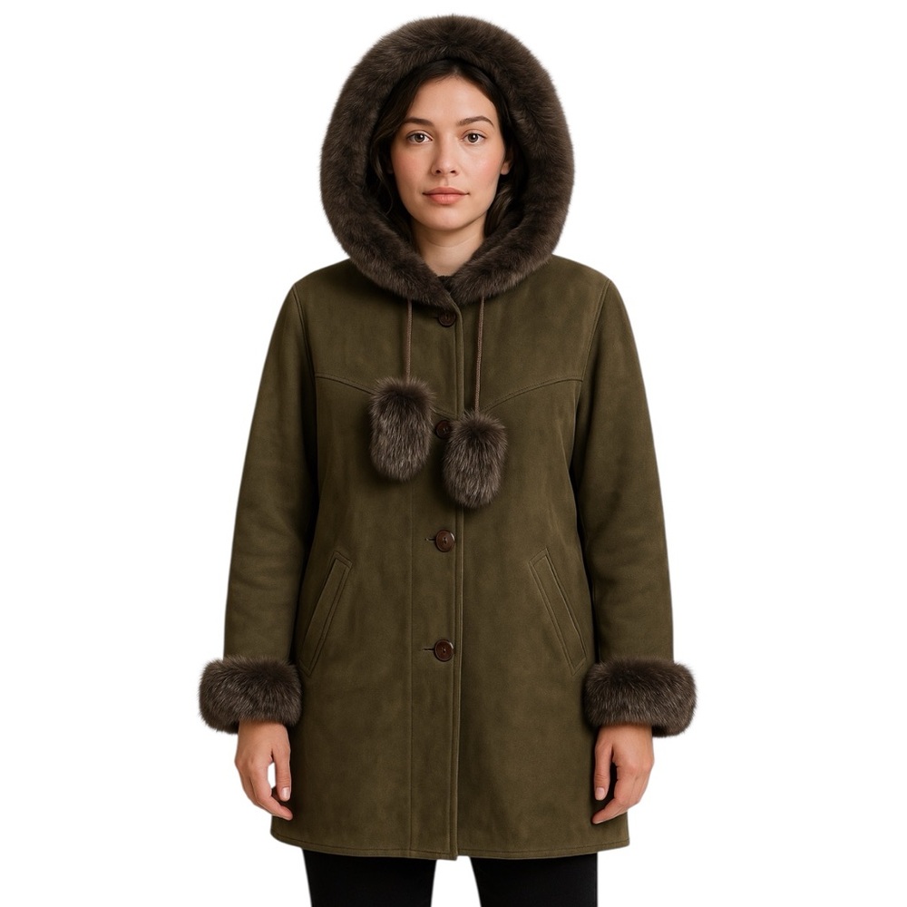 Vintage Genuine Shearling Hooded Coat Fur Trim Olive Suede Pellegrino K Large